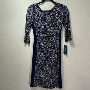 NEW Lauren Ralph Lauren Navy Tan Leopard Sheath Dress Womens 4 LRL Stretch Lined